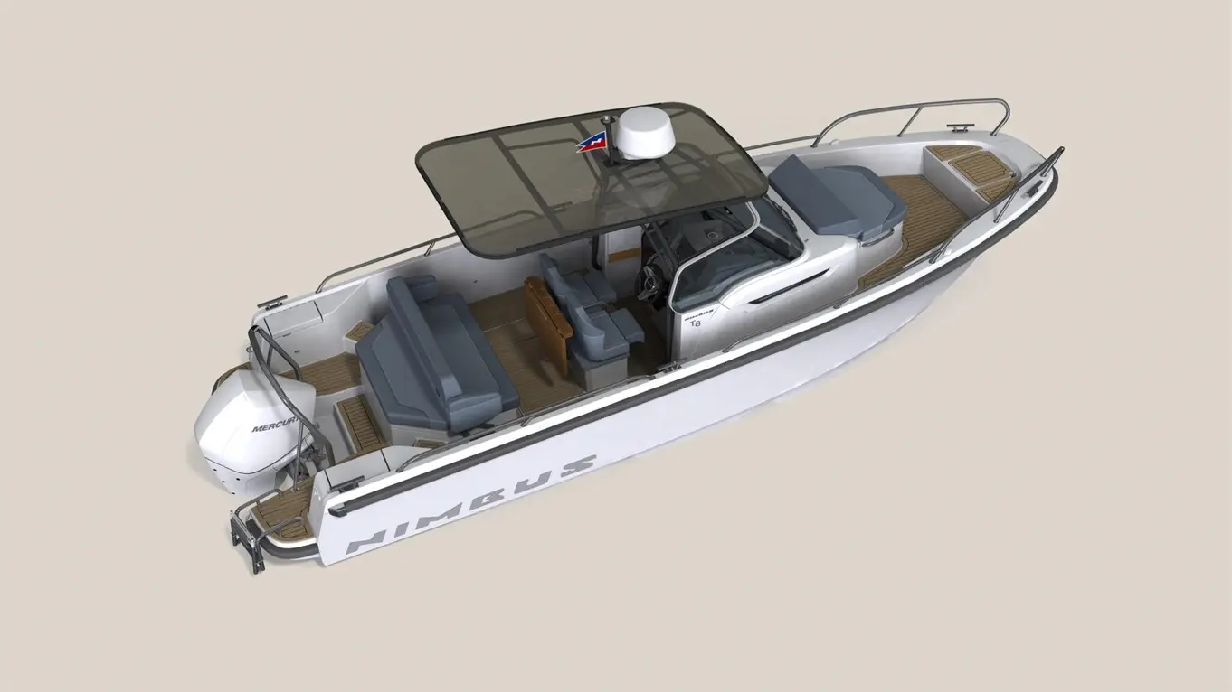 A top view of a Nimbus boat featuring grey seating, a modern dashboard, and a Mercury engine at the rear.